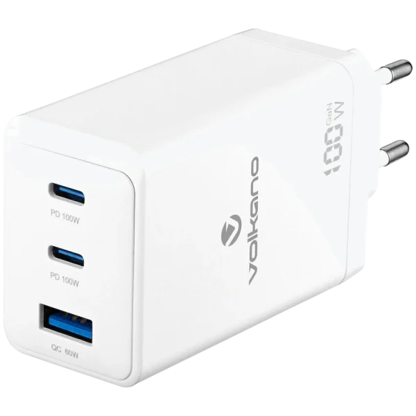 1-415 Volkano WattPro Series Triple Port 100W GaN Wall Charger - White