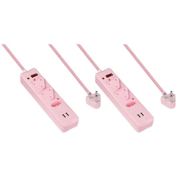 1-4447 2x 3 Way Surge Multiplug with Dual USBs Pink-0.5M