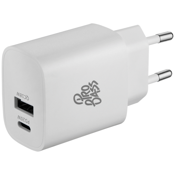 1-4530 Pro Bass Rapidcharge Series 20w+18w Dual USB and Type-C Wall Charger - White