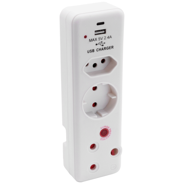 Switched 3-Way Medium Surge Adaptor - Schuko with Type-C + USB