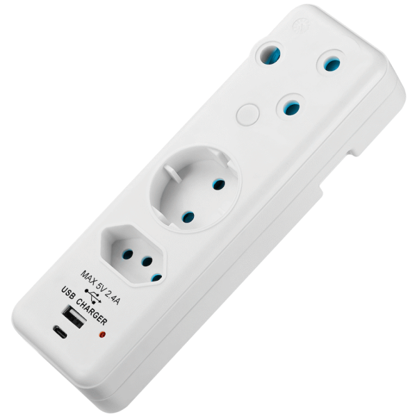 Switched 3-Way Schuko Adaptor with Type C + USB