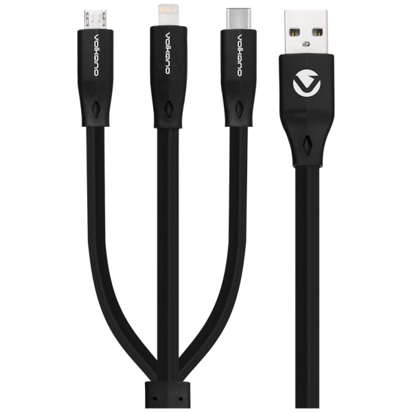 Volkano Slim Series Flat PVC 3-in-1 (Type-C / Lightning / Micro) Cable 30W 1m- Black