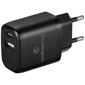 1-5540 Volkano Cupla Series 5v/2.4a 12w Dual USB-A & USB-C Wall Charger - Black