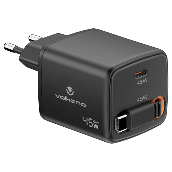 1-5554 Volkano Sleek Series Fast Wall Charger 45W USB-C with Built-in Retractable 75cm Cable - Black