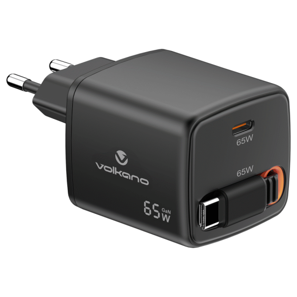 Volkano Sleek 65W USB-C Wall Charger with Retractable Cable