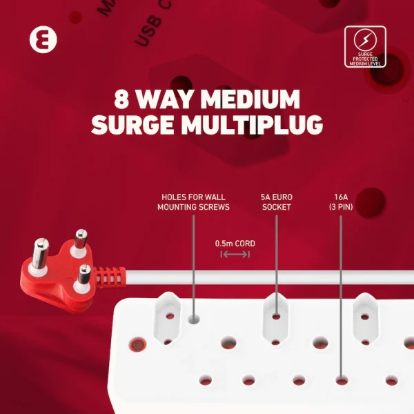 Ellies 8-Way Surge Multiplug 0.5m - WT