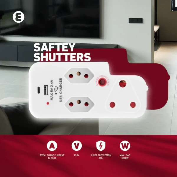 11-51 Ellies 3 Way Surge Adaptor with Type C + USB - WT