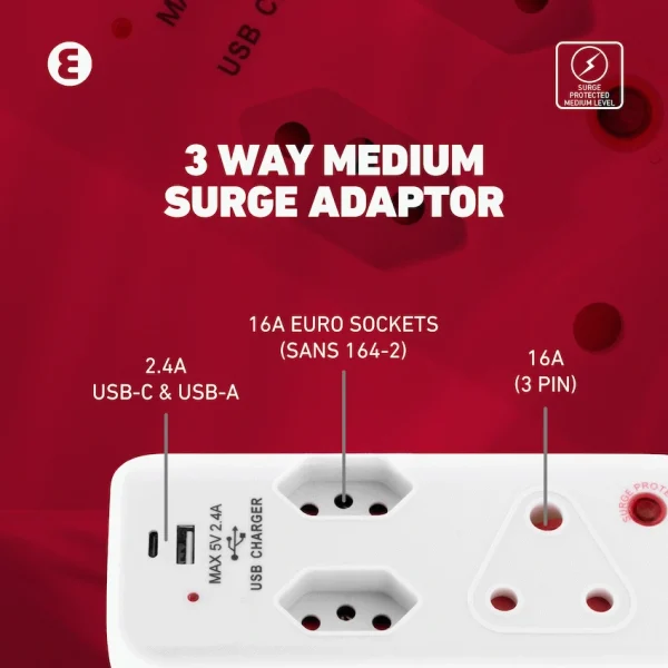 12-42 Ellies 3 Way Surge Adaptor with Type C + USB - WT