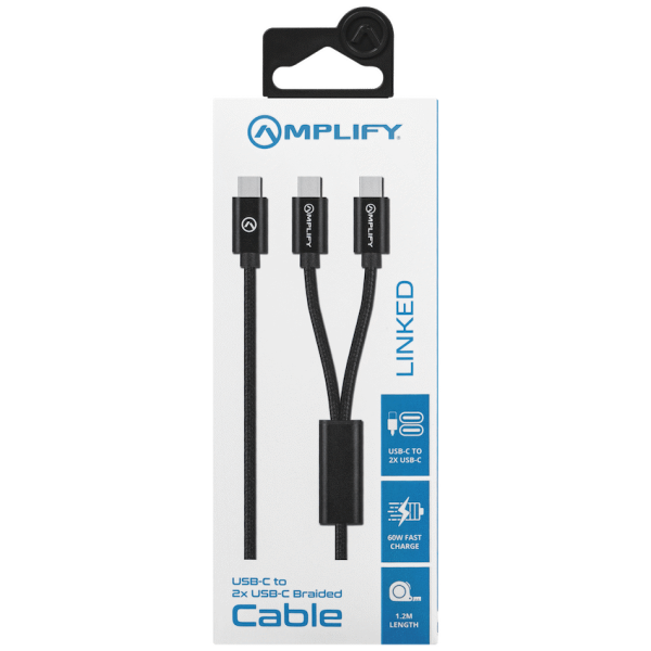 3-1174 Amplify Linked Series USB-C to 2x USB-C Braided Cable 1.2m - Black