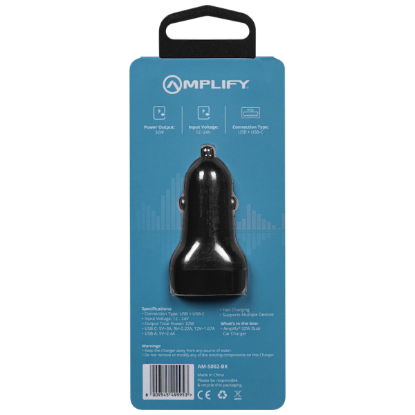 Amplify Volto Series Dual Car Charger 32W (Type-C + USB) - Black