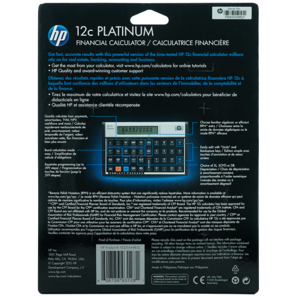 HP 12C Platinum Financial Calculator (Algebraic or RPN)