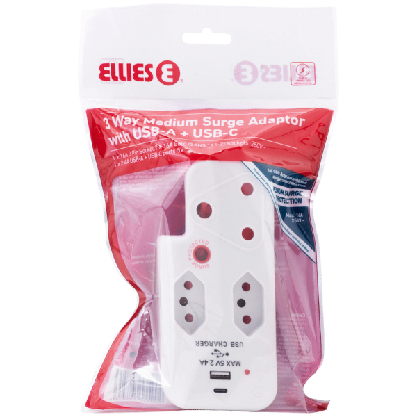 5-530 Ellies 3 Way Surge Adaptor with Type C + USB - WT