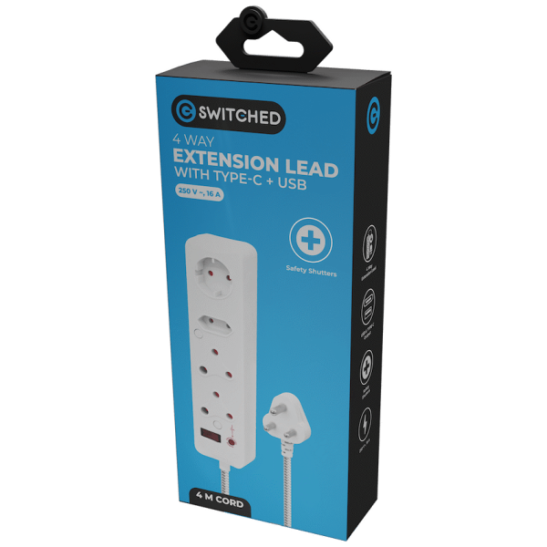 Switched 4-Way Extension Lead with 1x Type-C + 1x USB - 4m