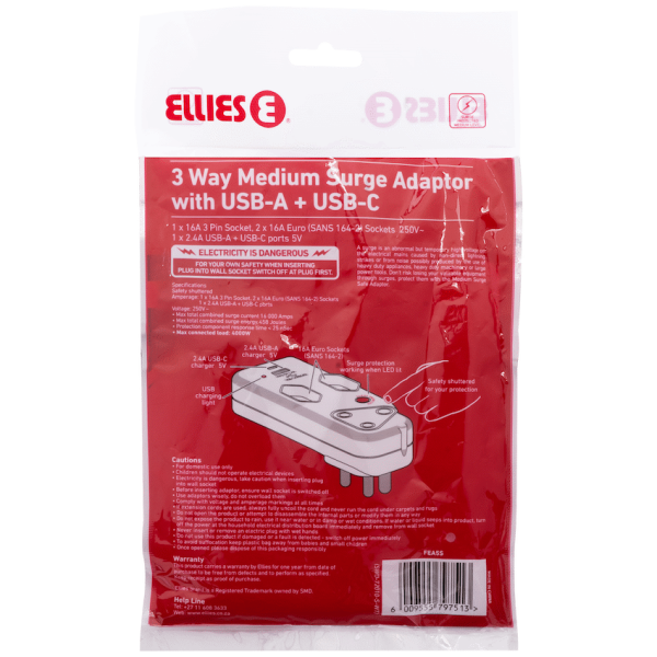 6-418 Ellies 3 Way Surge Adaptor with Type C + USB - WT