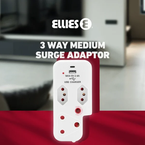 9-74 Ellies 3 Way Surge Adaptor with Type C + USB - WT